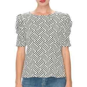 W5 Concepts Black White Geo Ruched Puff Sleeve Top Size XL